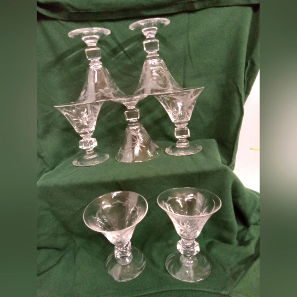 Duncan & Miller Crystal W/Frosty Etchings Liquor/Cocktail Stem Glasses VTGE 6pcs
